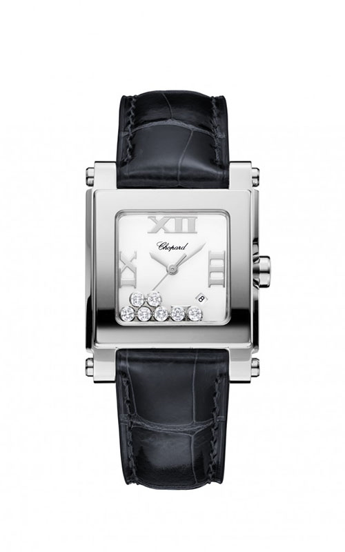 Happy Sport Square Medium in Steel on Black Crocodile Leather Strap with White Dial - 7 Floating Diamond