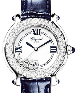 Happy Sport Round in Steel with Diamond Bezel on Blue Crocodile Leather Strap with Mother of Pearl Dial