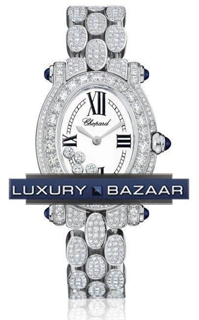 Happy Sport Oval in White Gold with Diamond Bezel on White Gold Diamond Bracelet with White Dial