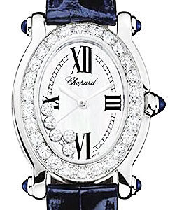 Happy Sport Oval in White Gold with Diamond Bezel on Blue Crocodile Leather Strap with White Dial