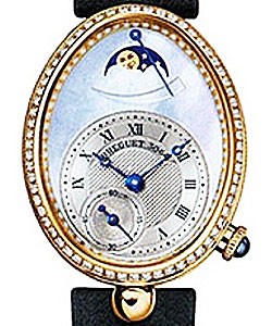 Queen Reine de Naples 28.45mm Automatic in Yellow Gold with Diamonds Bezel on Black Satin Strap with Blue MOP Dial