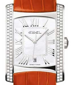 Brasilia in Steel with 2 Row Diamond Bezel on Orange Leather Strap with White Mother of Pearl Dial