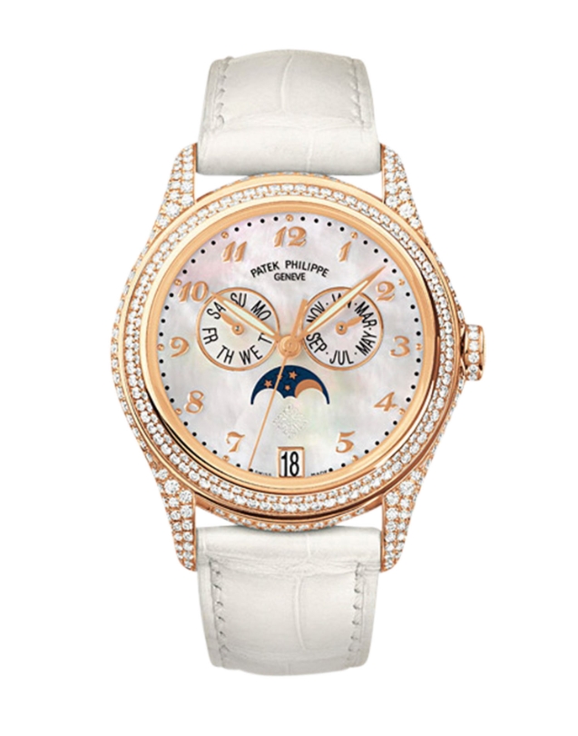 Annual Calendar 37mm Automatic in Rose Gold with Diamonds Bezel & Lugs on White Alligator Leather Strap with White Mother of Pearl Dial