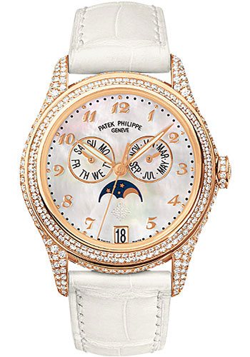 Annual Calendar 37mm Automatic in Rose Gold with Diamonds Bezel & Lugs on White Alligator Leather Strap with White Mother of Pearl Dial