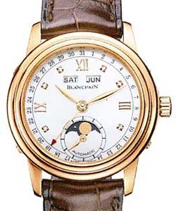 Leman Moonphase & Complete Calendar 34mm Automatic in Rose Gold on Brown Crocodile Leather Strap with MOP Diamonds Dial