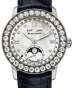 Leman Moonphase & Complete Calendar 34mm in White Gold with Diamonds Bezel on Crocodile Leather Strap with MOP Dial