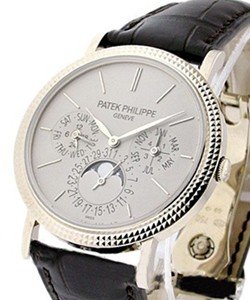Perpetual Calendar 5139  in White Gold with Hobnail Bezel on Black Alligator Leather Strap with Silver Opaline Dial