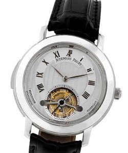 Jules Audemars Minute Repeater Tourbillon in White Gold on Black Leather Strap with Silver Guilloche Dial