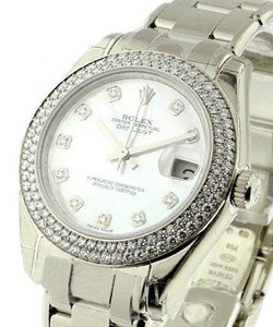 Masterpiece Mid Size Special Edition in White Gold with 2 Row Diamond Bezel on White Gold Pearlmaster Bracelet with MOP Diamond Dial