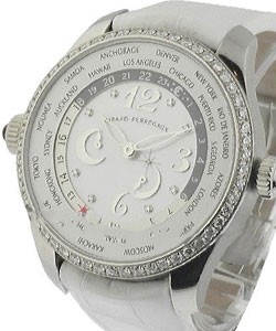 Lady's World Time with Power Reserve with Diamond Bezel Steel on White Strap with MOP Diamond Dial