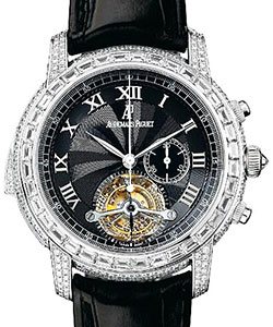 Jules Audemars Tourbillon in White Gold with Diamond Bezel on Black Alligator Leather Strap with Elegant Black Guilloche Dial