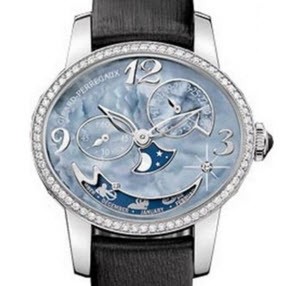 Cat's Eye Annual and Zodiac Calendar  White Gold on Strap with Blue MOP Dial
