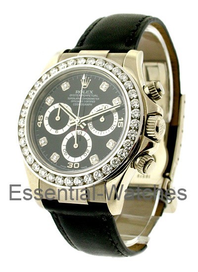 116519 used black dd aftermarket Rolex Daytona White Gold on Strap