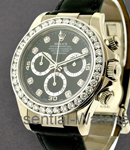 Daytona Rolex Movement in White Gold with Custom Diamond Bezel   on Black Calfskin Leather Strap with Black Diamond Dial