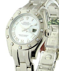 Masterpiece Lady's in White Gold with 12 Diamond Bezel on White Gold Pearlmaster Bracelet with MOP Roman Dial