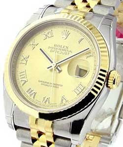 Datejust 36mm in Steel with Yellow Gold Fluted Bezel on Jubilee Bracelet with Champagne Roman Dial