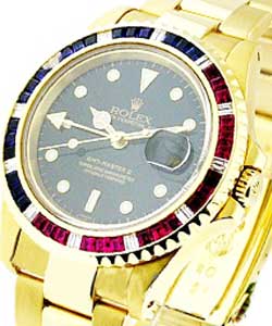 GMT Master II - Aftermarket Ruby Diamond Bezel on Yellow Gold Oyster Bracelet with Black Dial