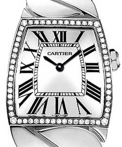 La Dona de Cartier Large Size in White Gold with Diamond Bezel on White Gold Bracelet with Silver Guilloche Dial