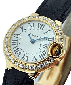 Ballon Bleu with Diamond Bezel - Small Size Yellow Gold on Black Leather Strap with Silver Dial