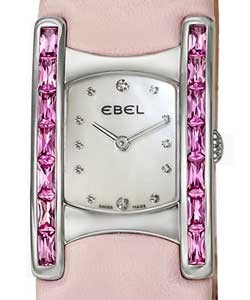 Beluga Manchette in Steel with Pink Diamond Bezel on Pink Leather Strap with White Mother of Pearl Diamond Dial
