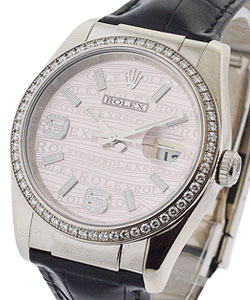 36mm White Gold Datejust on Strap with Diamond Bezel on Black Alligator Leather Strap with Special Pink Wave Diamond Dial