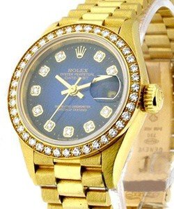Ladies President in Yellow Gold with Diamond Bezel on Yellow Gold President Bracelet with Blue Diamond Dial
