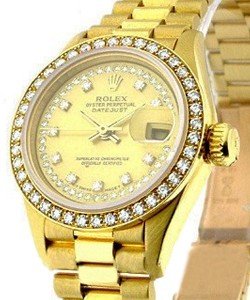 Ladies President in Yellow Gold with Custom Diamond Bezel on Yellow Gold President Bracelet with Custom Champagne String Diamond Dial