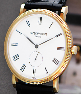 5119J 36mm Calatrava in Yellow Gold with Hobnail Case on Black Alligator Leather Strap with White Dial