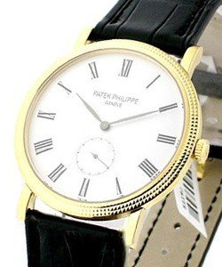 5119J 36mm Calatrava in Yellow Gold with Hobnail Case on Black Alligator Leather Strap with White Dial