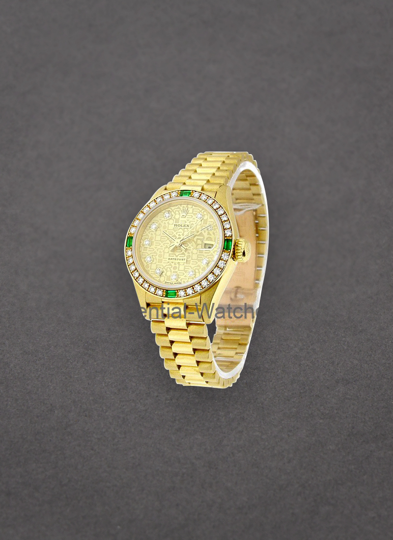 Pre-Owned Rolex Ladies President in Yellow Gold with Custom Diamond and Emerald Bezel 