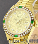 Ladies President in Yellow Gold with Custom Diamond and Emerald Bezel  on Yellow Gold President Bracelet with Champagne jubilee Diamond Dial