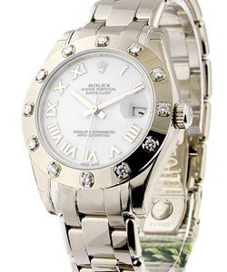 Masterpiece Mid Size 34mm in White Gold with 12 Diamond Bezel on Pearlmaster Bracelet with White Roman Dial