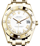 Mid Size Yellow Gold Masterpiece in Yellow Gold with Diamond Bezel On Yellow Gold Pearlmaster Bracelet with White Roman Dial