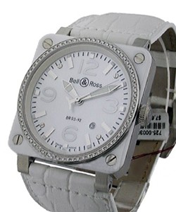 BR03-92 in Steel Covered White Ceramic with Diamond Bezel on White Crocodile Leather Strap with Mother of Pearl Dial
