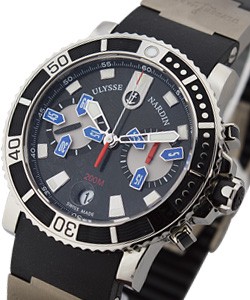 Maxi Marine Diver Chronograph in Steel on Black Rubber Strap with Black Dial with Blue/Red Accents