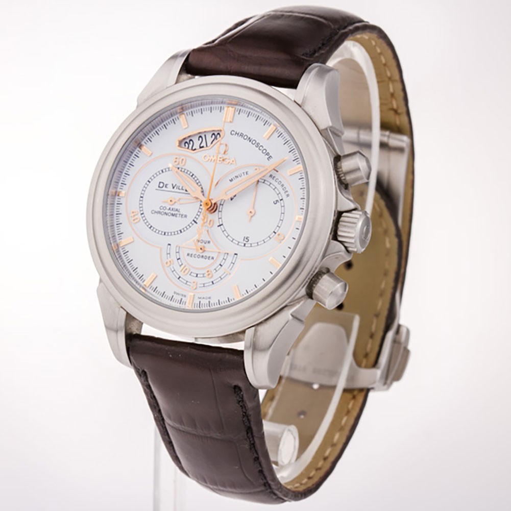 Co-Axial Chronoscope Chronograph in Steel on Brown Crocodile Leather Strap with White Dial