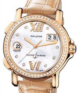 Dual Time 37mm in Rose Gold with Diamond Bezel on Beige Crocodile Leather Strap with Mother Of Pearl Dial