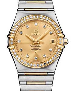 Constellation Classic Co-Axial in Steel and Yellow Gold with Diamond Bezel on 2 Tone Bracelet with Champagne Diamond Dial