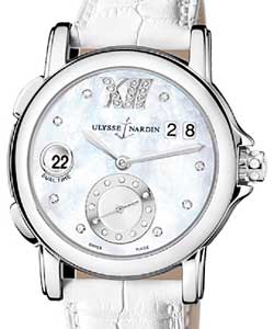 Dual Time 37mm in Steel on White Leather Strap with White MOP Diamond Dial