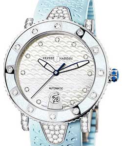 Lady Diver 40mm in Steel with Diamond Bezel and Lugs on Blue Wave Pattern Ruuber Strap with Blue MOP Diamond Dial