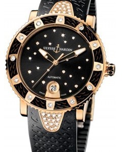 Lady Diver Starry Night 40mm Automatic in Rose Gold on Black Rubber with Black Diamond Dial