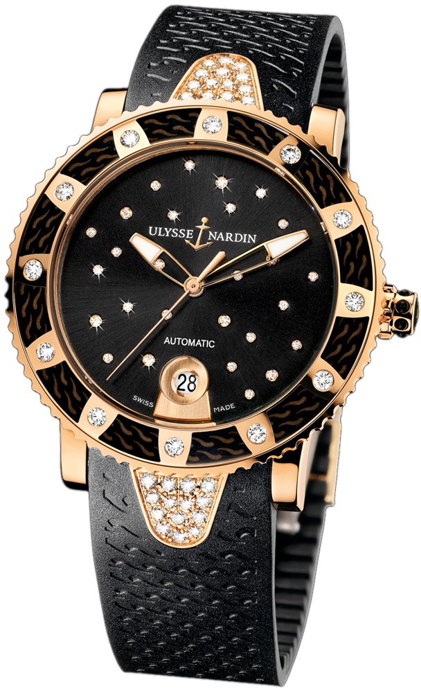 Lady Marine Diver Starry Night in Rose Gold with Diamond Bezel  On Black Rubber with Black Diamond Dial