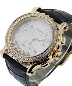 Happy Sport Round Chronograph with Diamond Bezel 18KT Rose Gold on Strap with White Dial