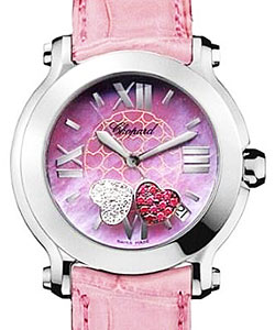 Happy Sport Heart in Steel on Pink Crocodile Leather Strap with Pink MOP Dial - 2 Floating Hearts