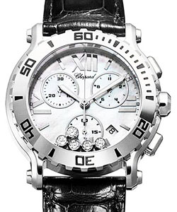 Happy Sport Round Chronograph in Steel on Black Crocodile Leather Strap with MOP Dial