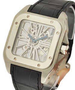 Santos 100 XL in Palladium Skeleton on Black Crocodile Leather Strap with Skeleton Dial