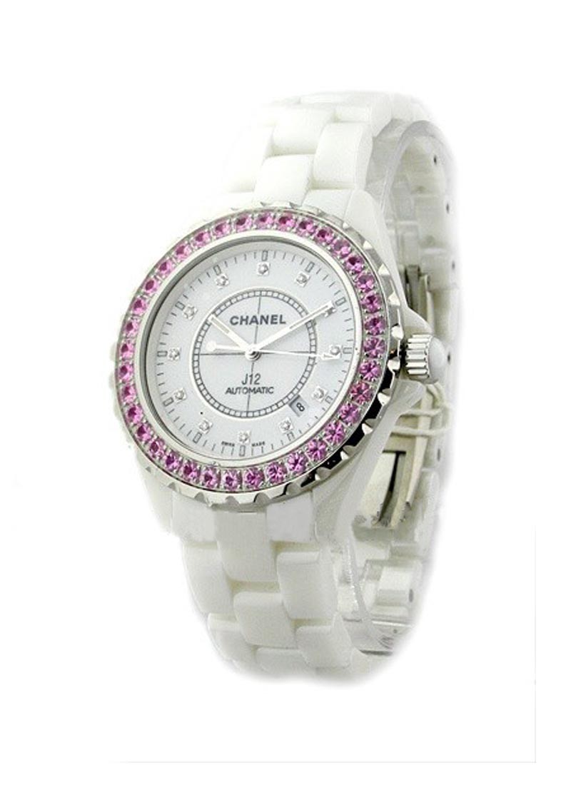 Chanel Full Size J12 42mm Automatic in White Ceramic with Pink Sapphire Bezel