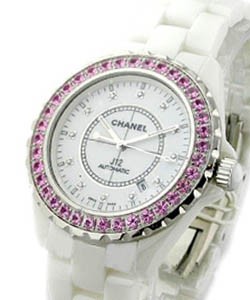Full Size J12 42mm Automatic in White Ceramic with Pink Sapphire Bezel on White Ceramic Bracelet with White Diamond Dial