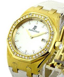 Ladys Royal Oak on Strap with Diamond Bezel Yellow Gold - White Strap - White MOP Dial