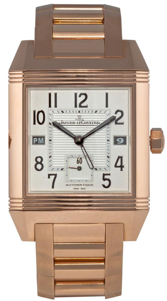 Reverso Squadra Hometime Rose Gold on Bracelet with Silver Guilloche Dial